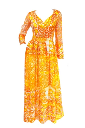 1960s Christian Dior Yellow, Orange and Red Floral Silk Maxi Dress