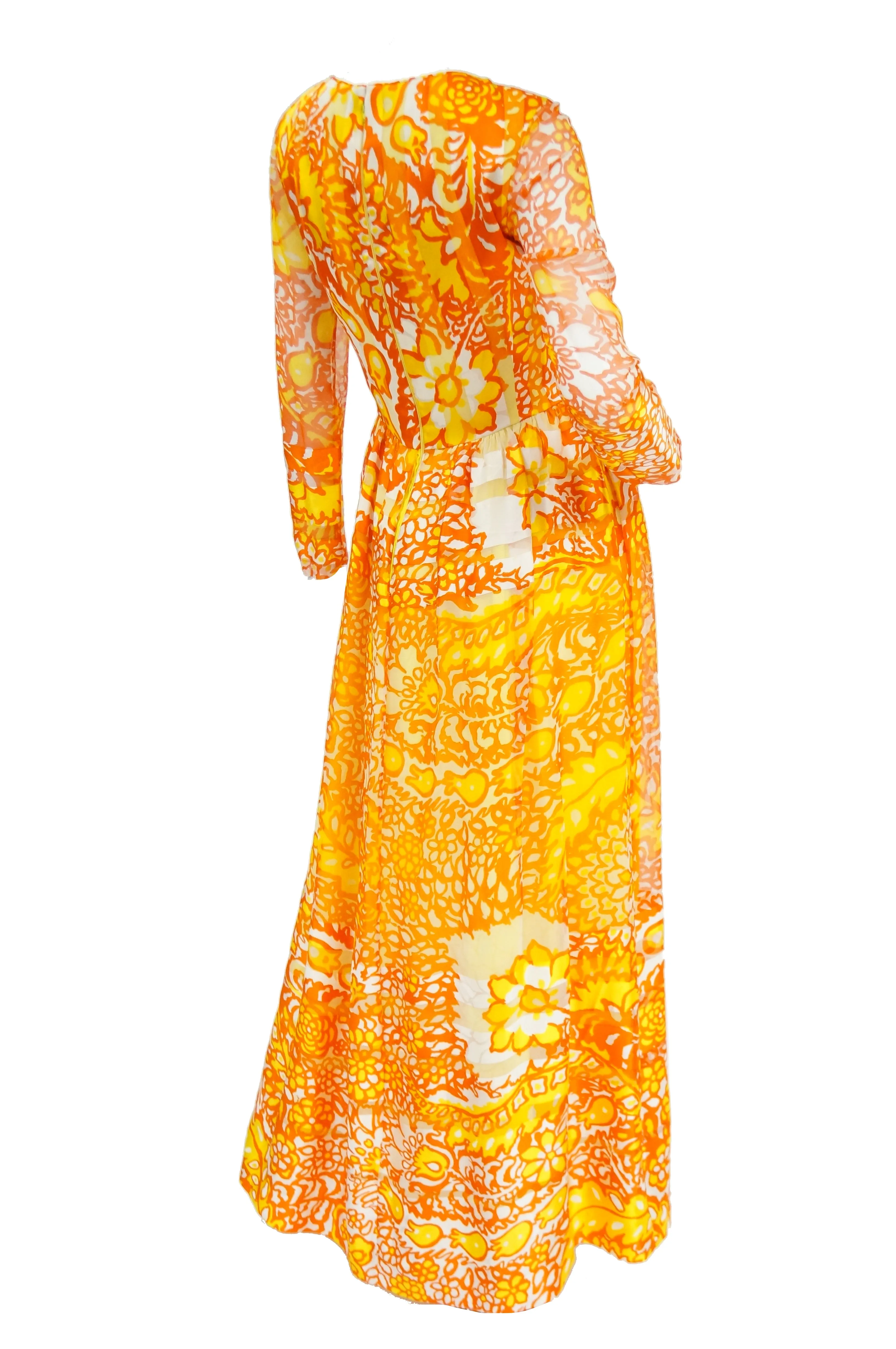 1960s Christian Dior Yellow, Orange and Red Floral Silk Maxi Dress