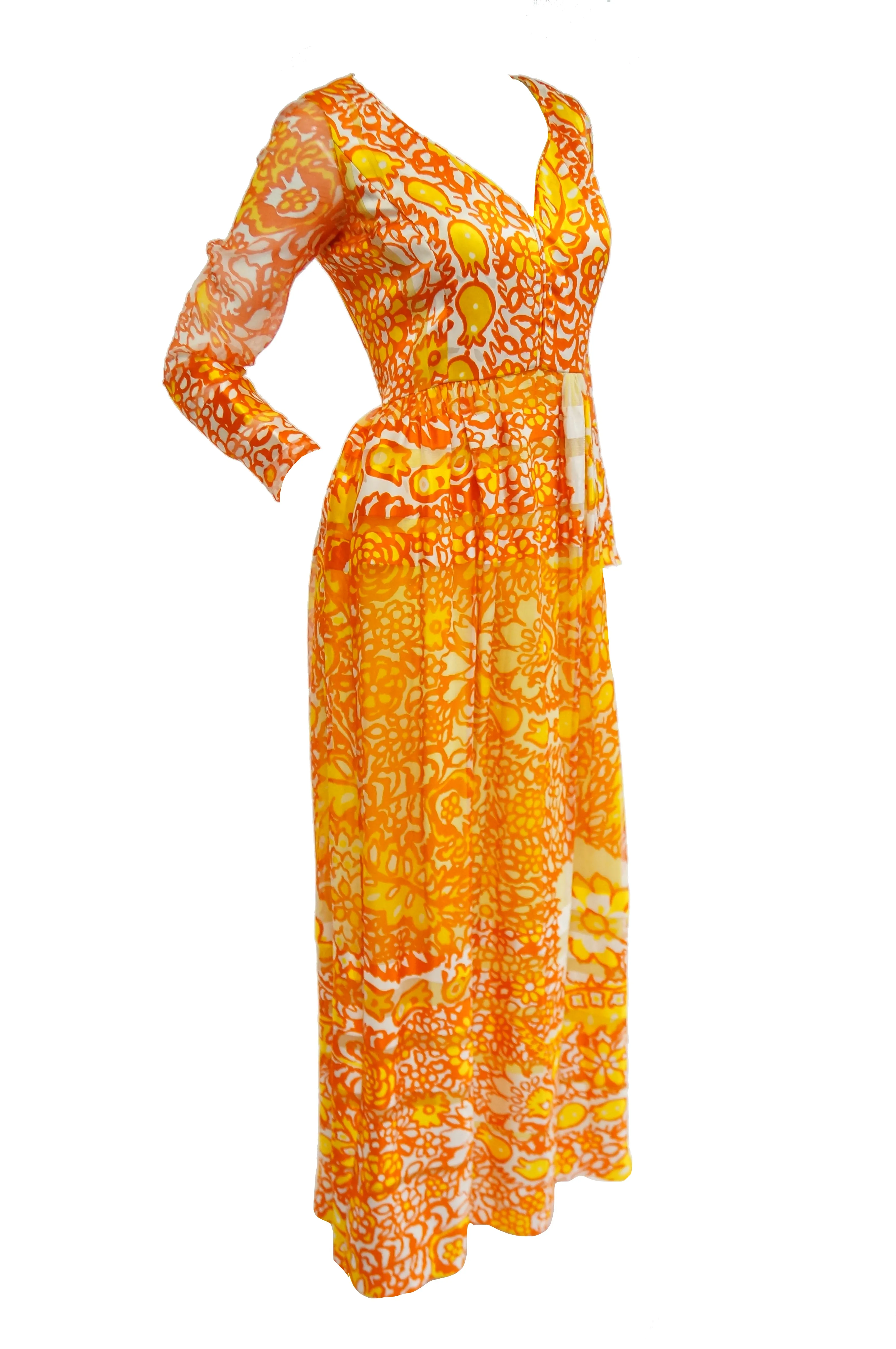 1960s Christian Dior Yellow, Orange and Red Floral Silk Maxi Dress