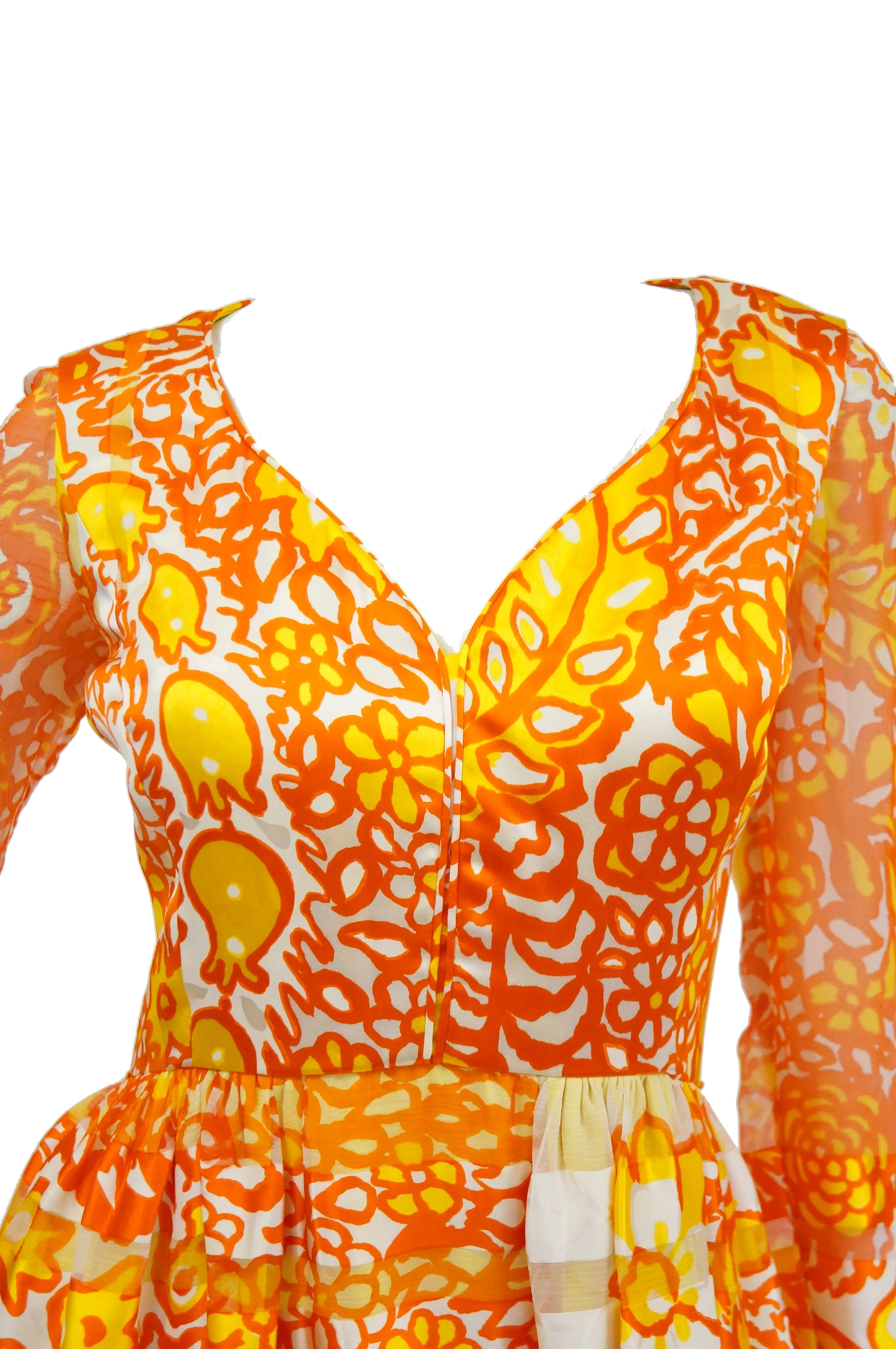 1960s Christian Dior Yellow, Orange and Red Floral Silk Maxi Dress