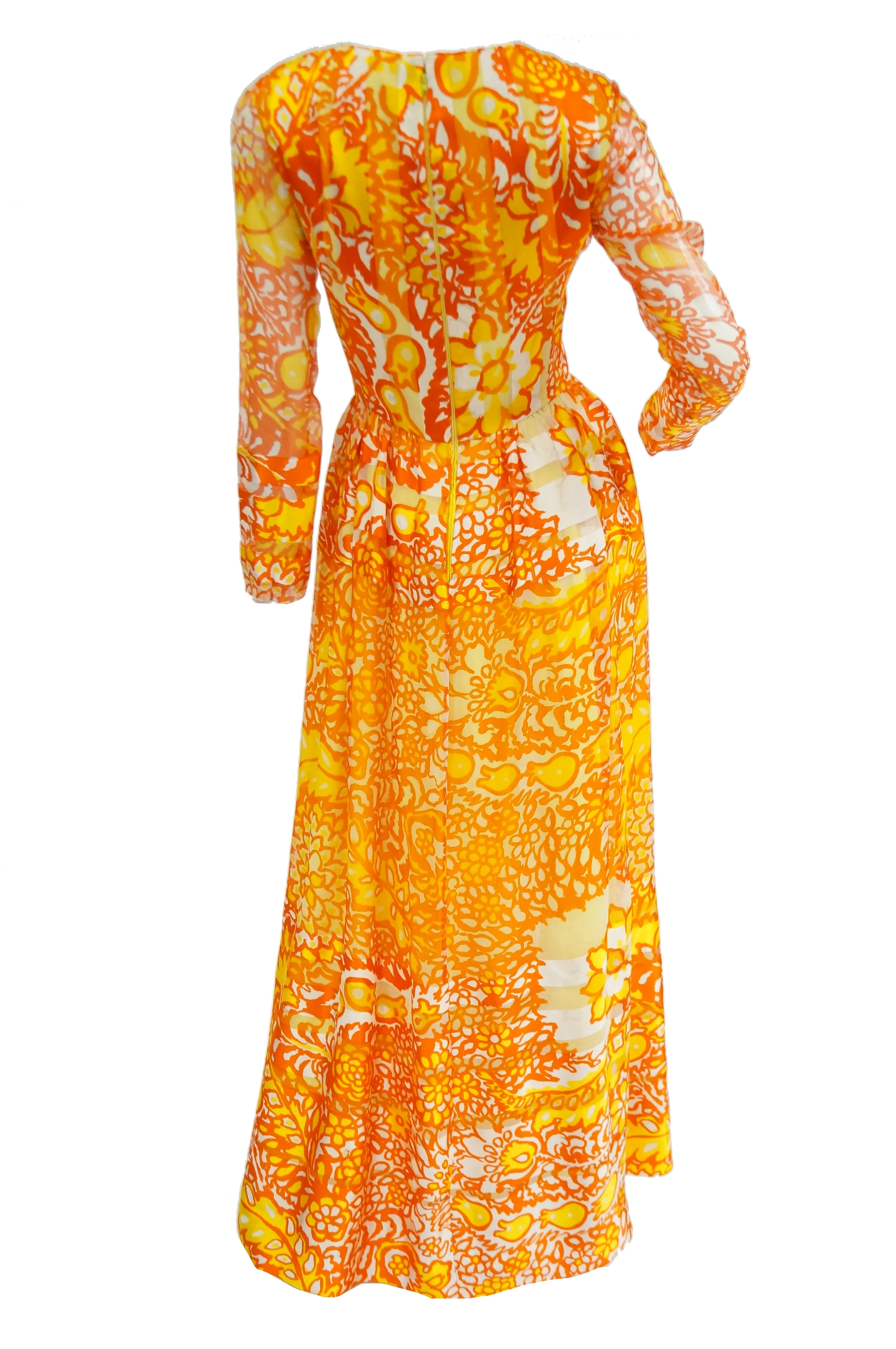 1960s Christian Dior Yellow, Orange and Red Floral Silk Maxi Dress