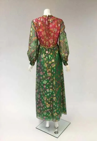 1960s Gino Charles Green and Pink Metallic Maxi Dress