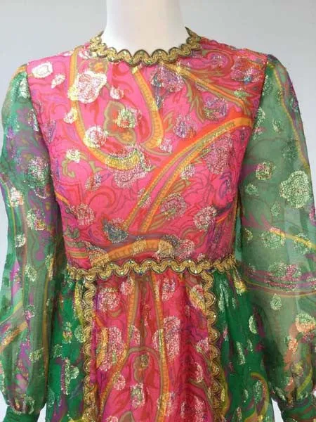 1960s Gino Charles Green and Pink Metallic Maxi Dress