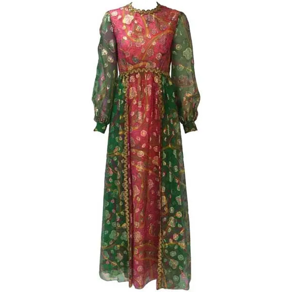 1960s Gino Charles Green and Pink Metallic Maxi Dress