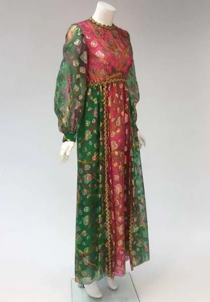 1960s Gino Charles Green and Pink Metallic Maxi Dress