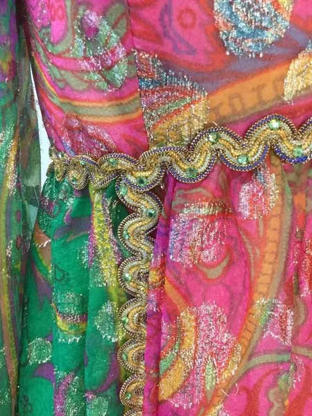 1960s Gino Charles Green and Pink Metallic Maxi Dress