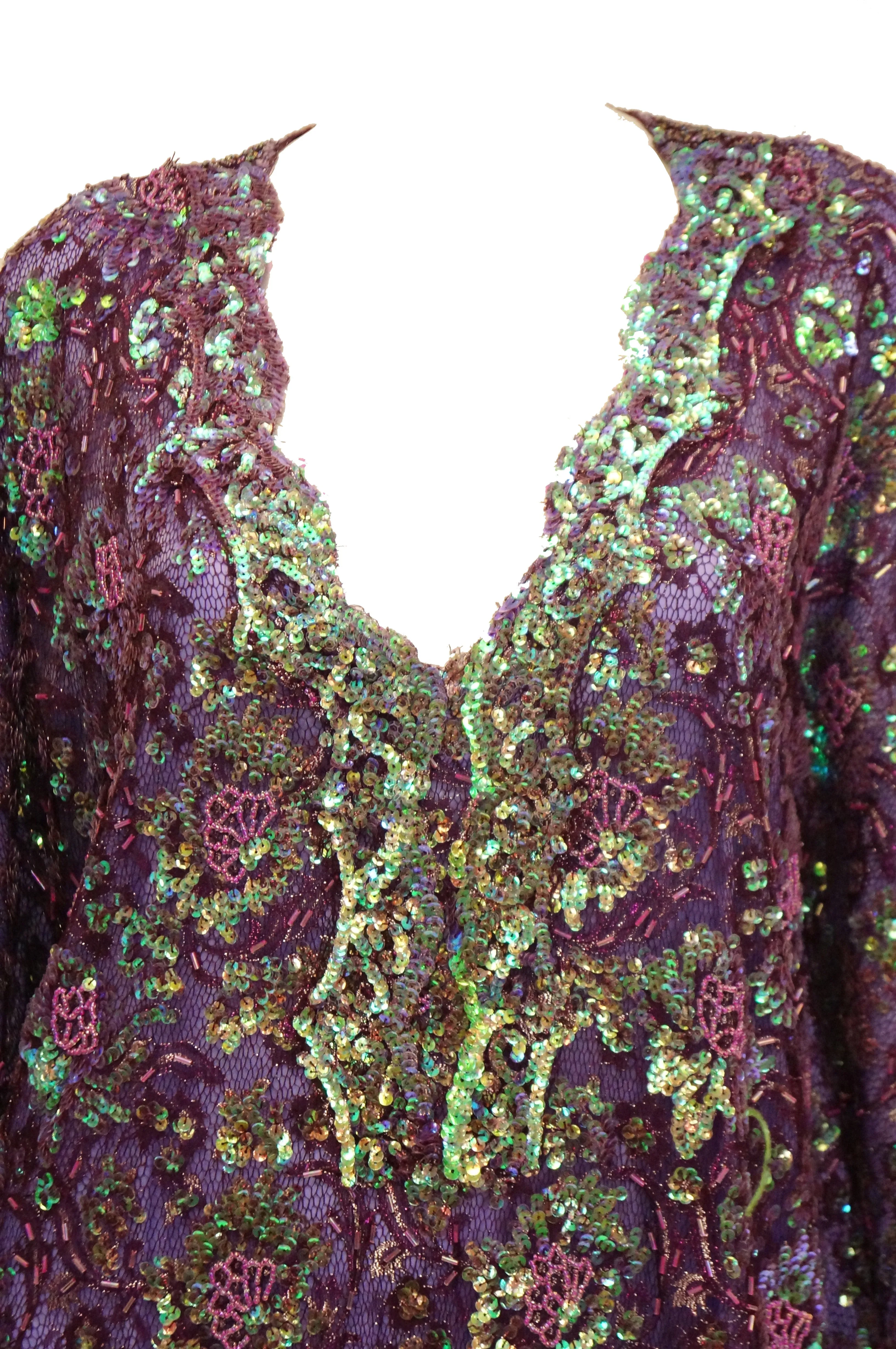 1970s Hand Embroidered Iridescent Floral Sequin Kaftan