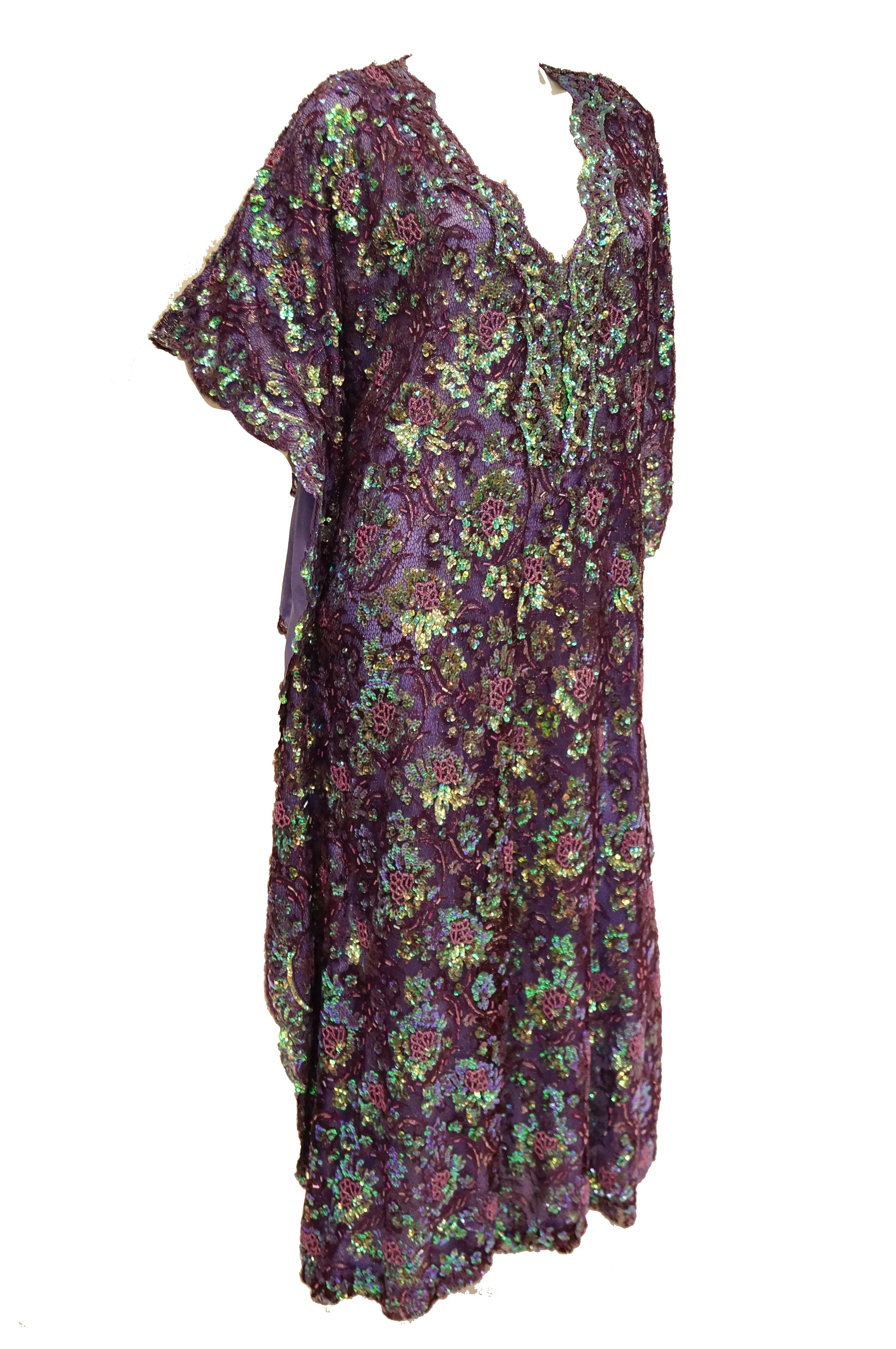 1970s Hand Embroidered Iridescent Floral Sequin Kaftan