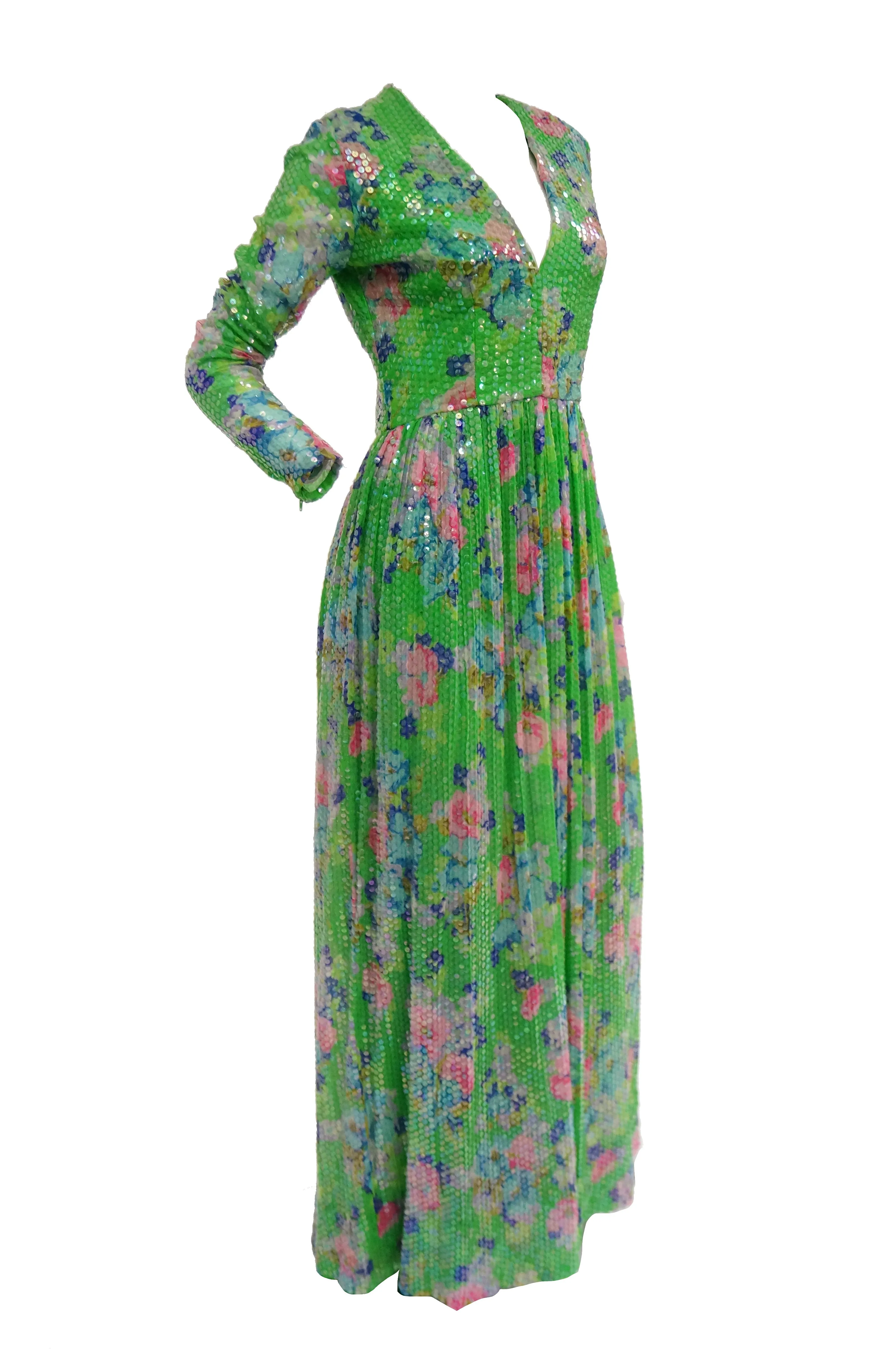 1970s Harold Levine Fully Sequined Green and Pink Floral Maxi Dress