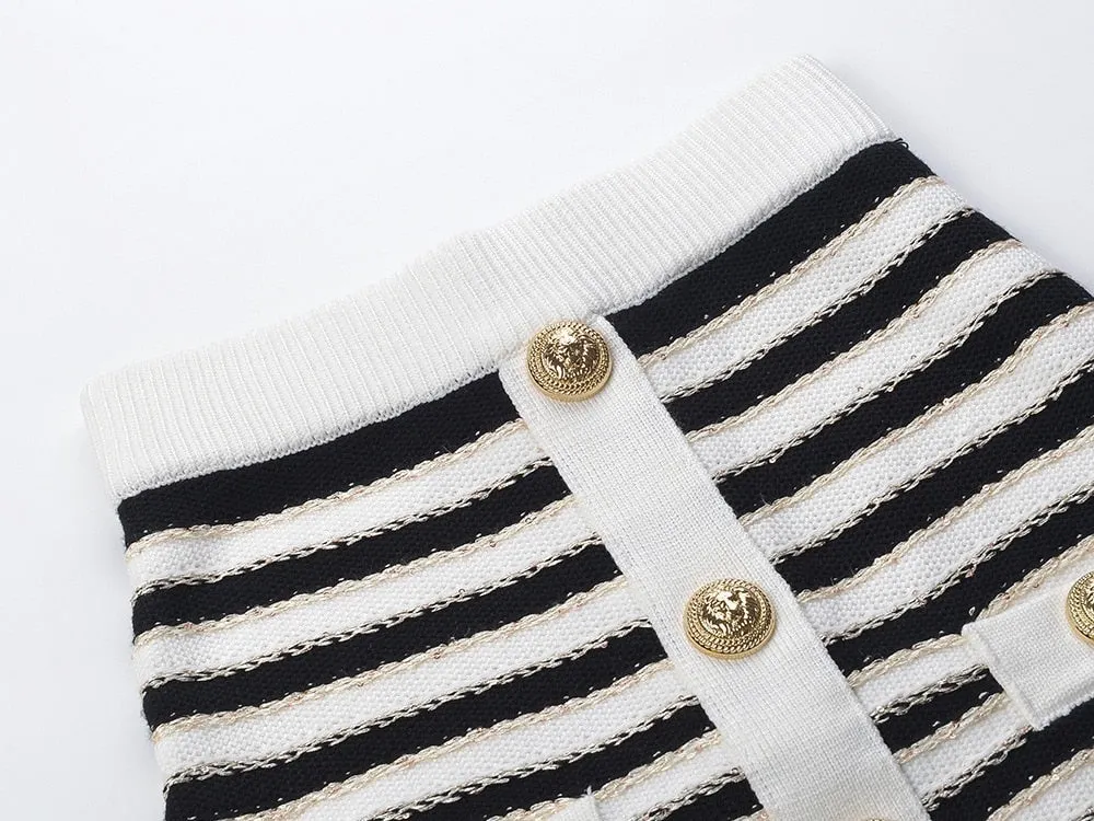 2Pcs Striped Gold Thread Knitted Sweater & Skirt Set