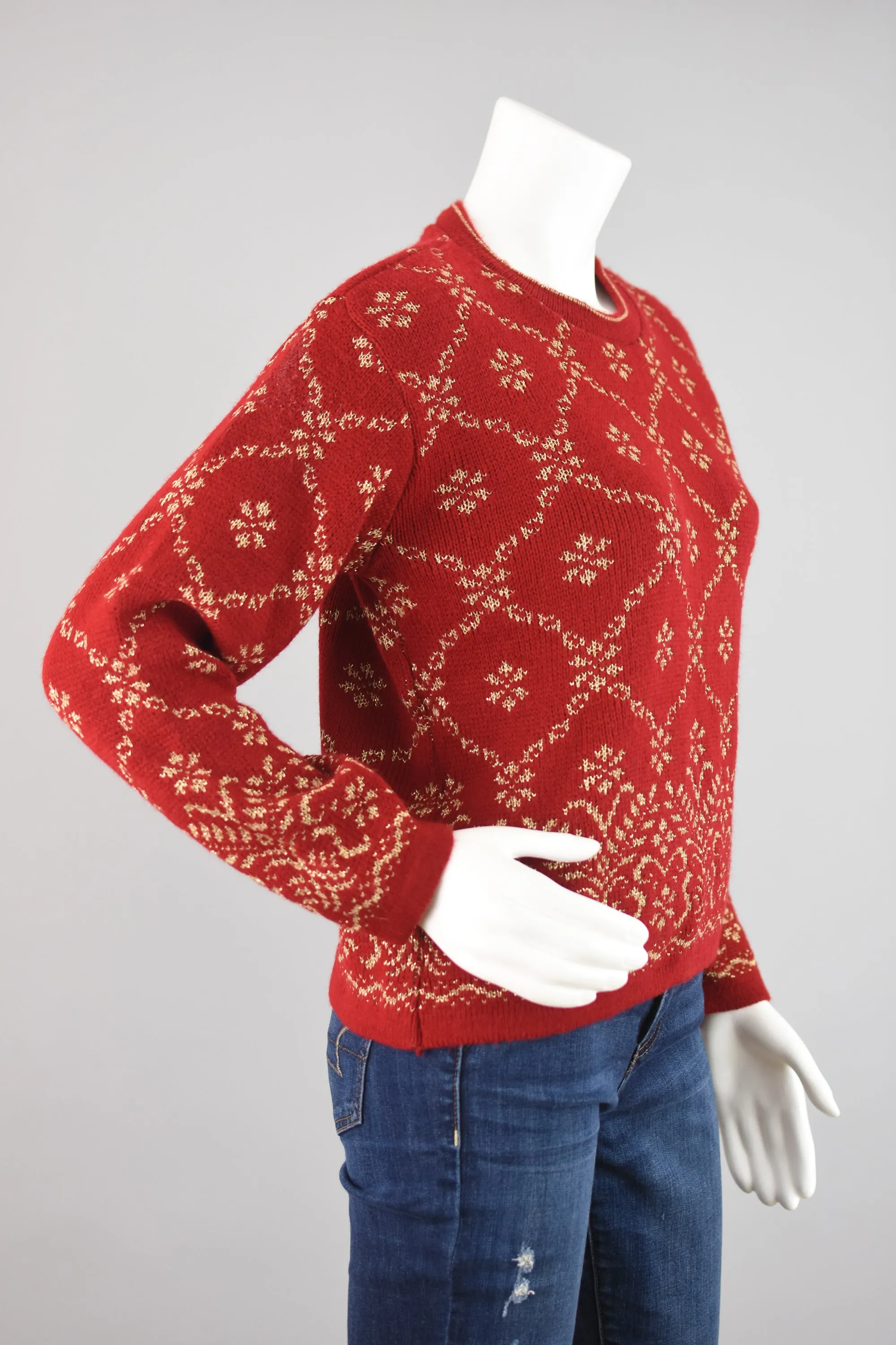 90s Metallic Gold & Red Floral Sweater Women's Large