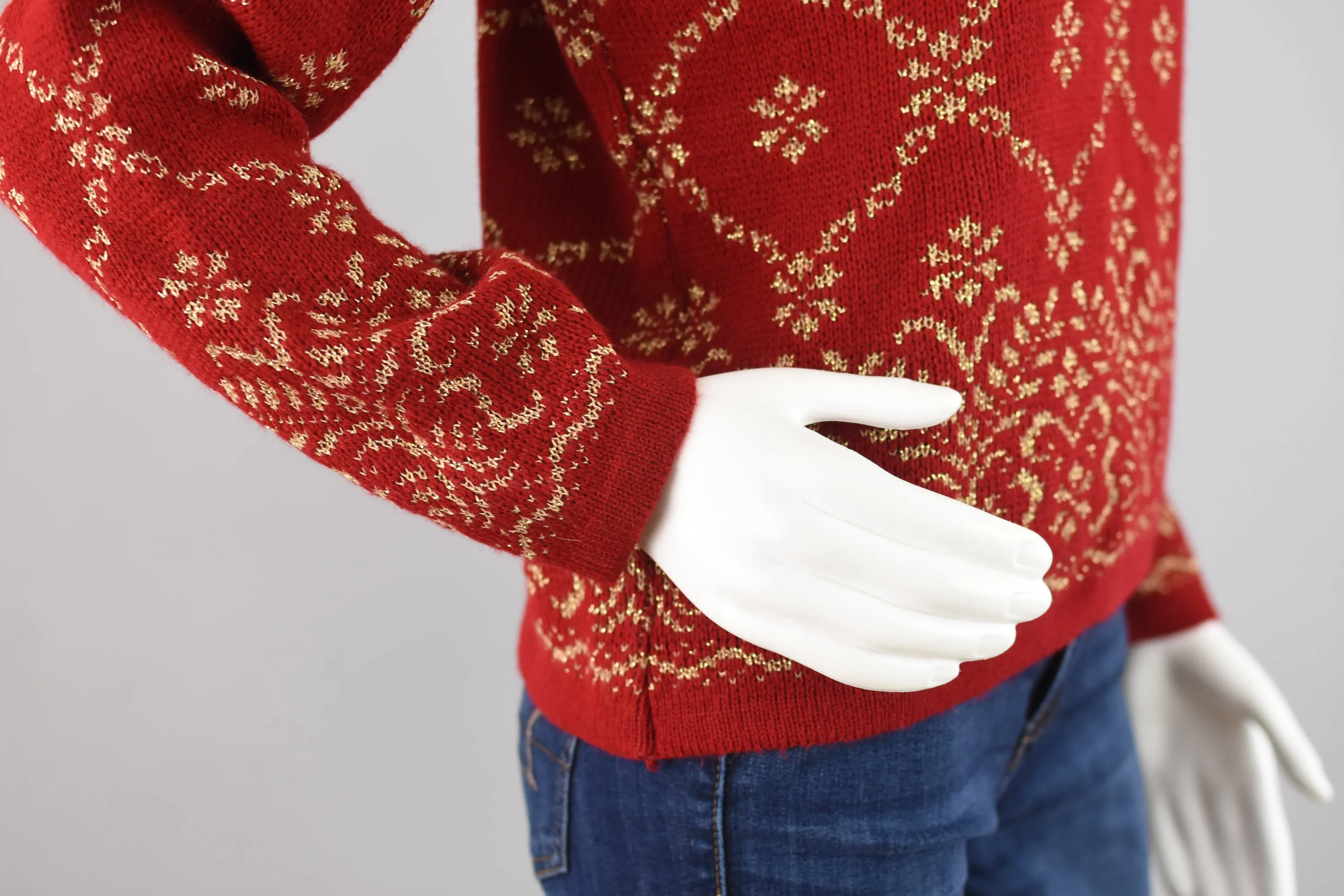 90s Metallic Gold & Red Floral Sweater Women's Large