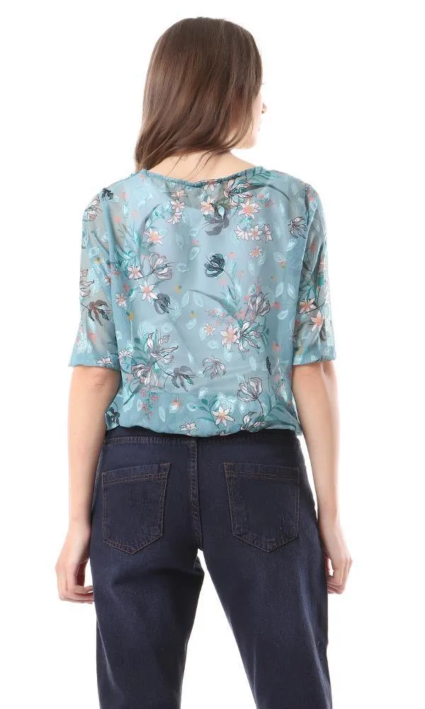 94519 Sheer 3/4 Sleeves Floral Elastic Trim Blouse - Sea Green