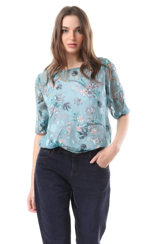 94519 Sheer 3/4 Sleeves Floral Elastic Trim Blouse - Sea Green