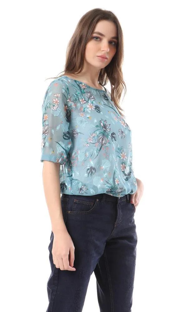 94519 Sheer 3/4 Sleeves Floral Elastic Trim Blouse - Sea Green