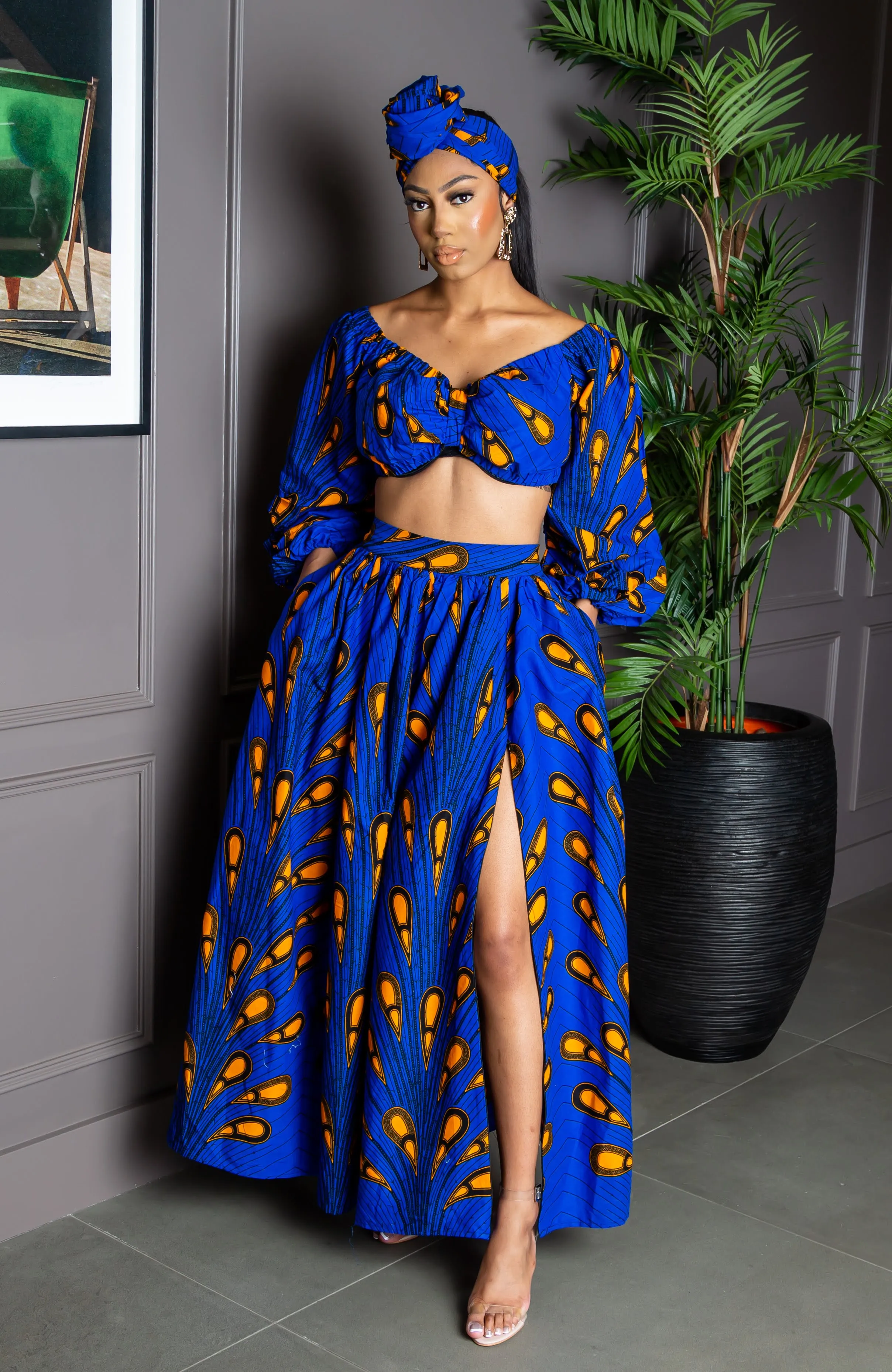 African Print Maxi Skirt & Long-sleeved Set | Ankara Top and Skirt - ELLA