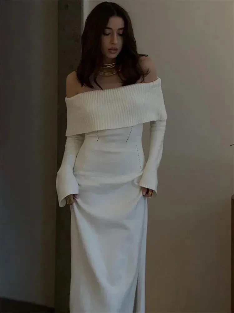 Amozae White Autumn Knit Sweater Long Dress Women Ribbed High Waist Fashion Off-Shoulder Loose Party Dress Female Knitwear Dress