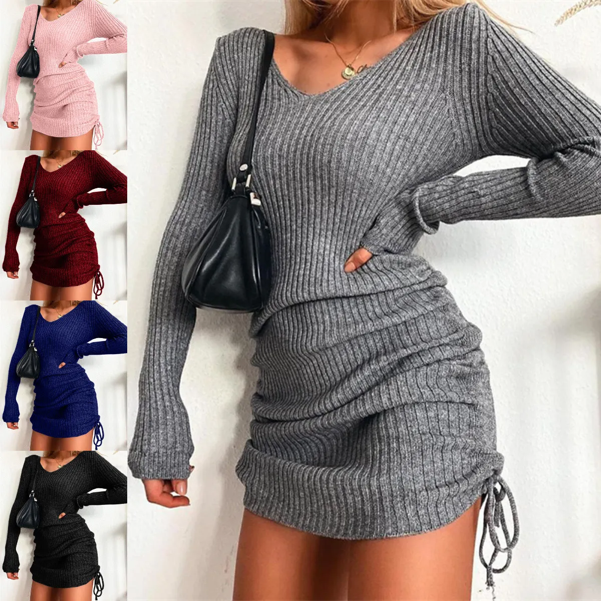 Amozae winter outfits men Dress Women's Sweater Skirt Bottoming Skirt Sexy Slim Thread Skirt Pleated Drawstring