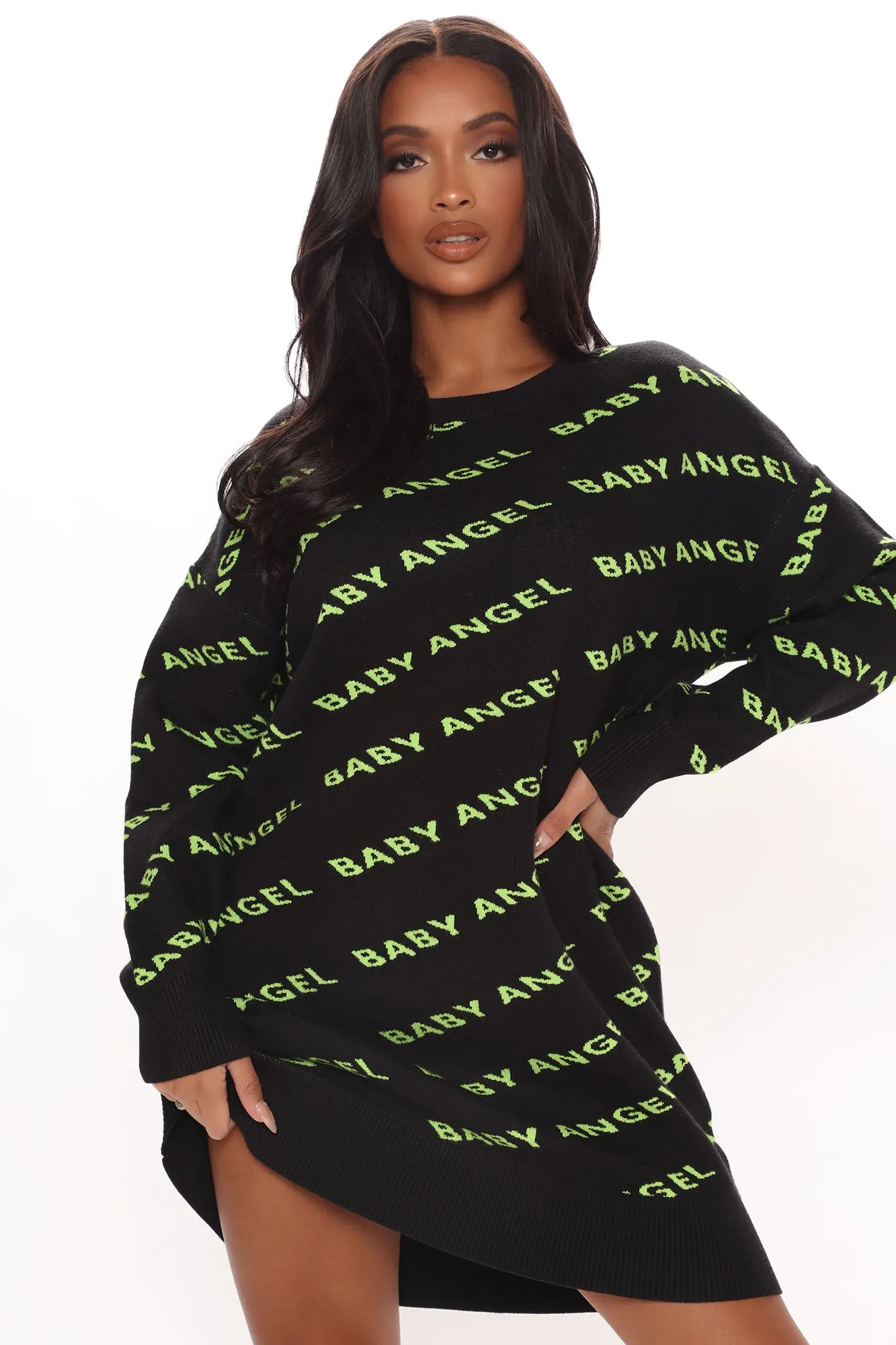 Angel Baby Sweater Mini Dress - Black/Green