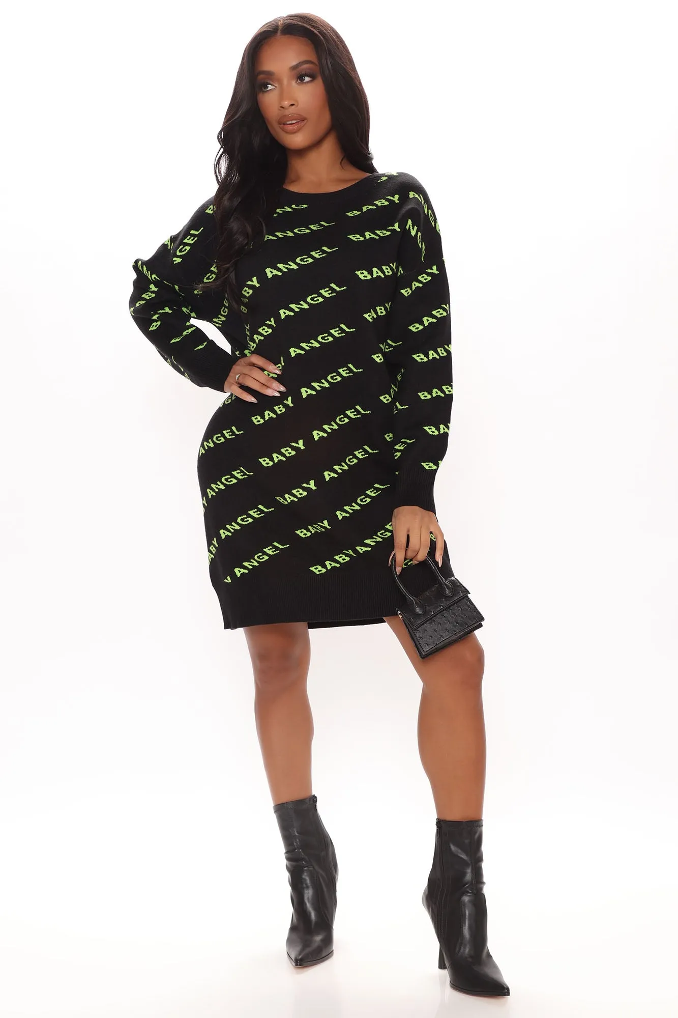 Angel Baby Sweater Mini Dress - Black/Green