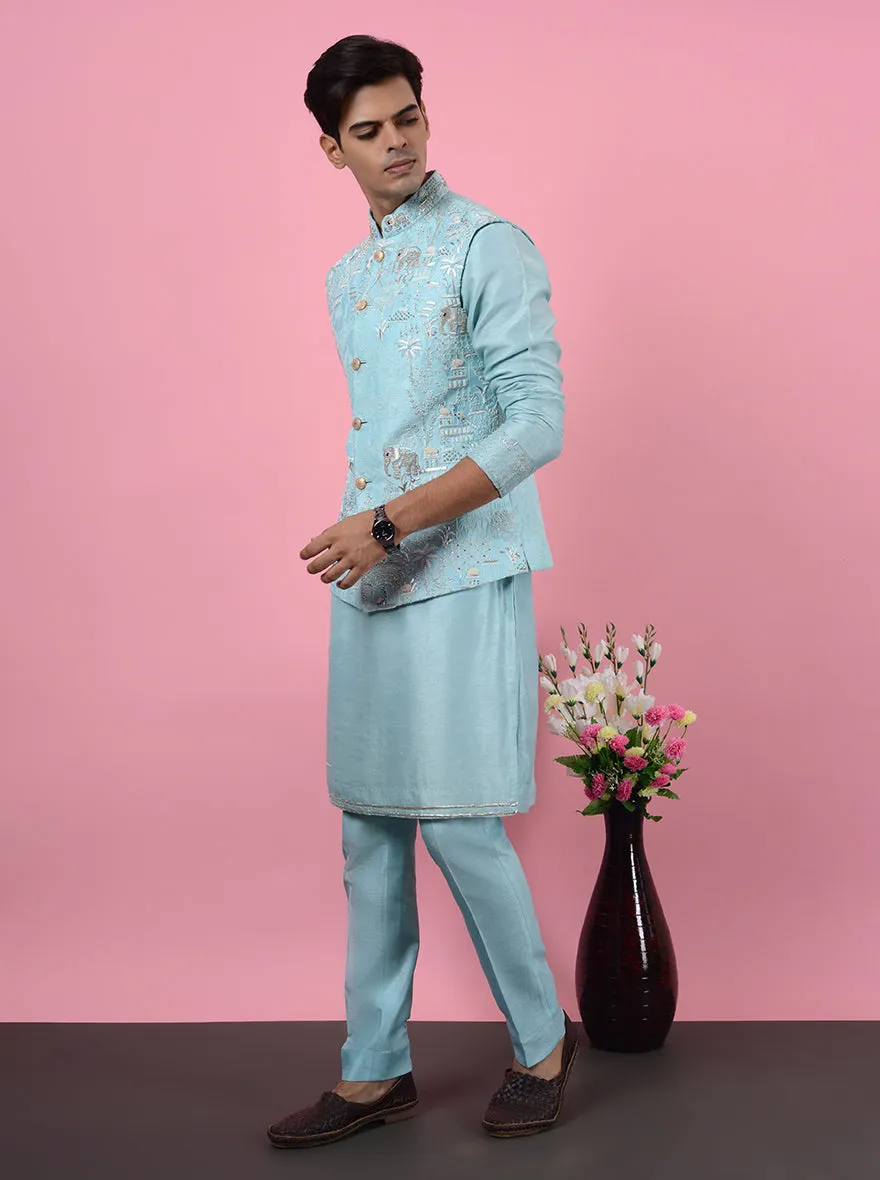 Aqua Blue Kurta Set with Koti | TULA