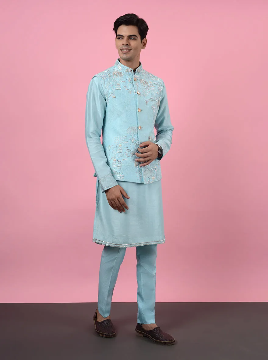 Aqua Blue Kurta Set with Koti | TULA