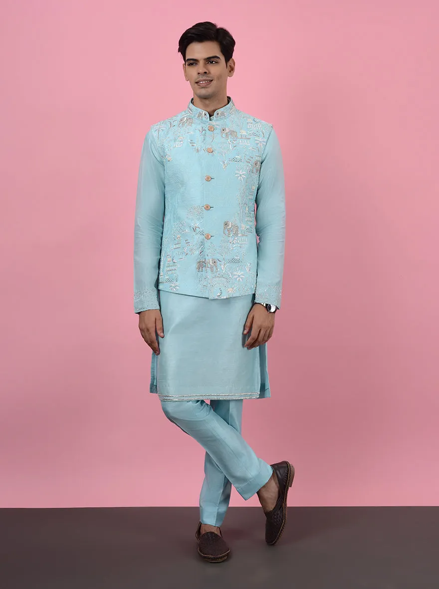 Aqua Blue Kurta Set with Koti | TULA