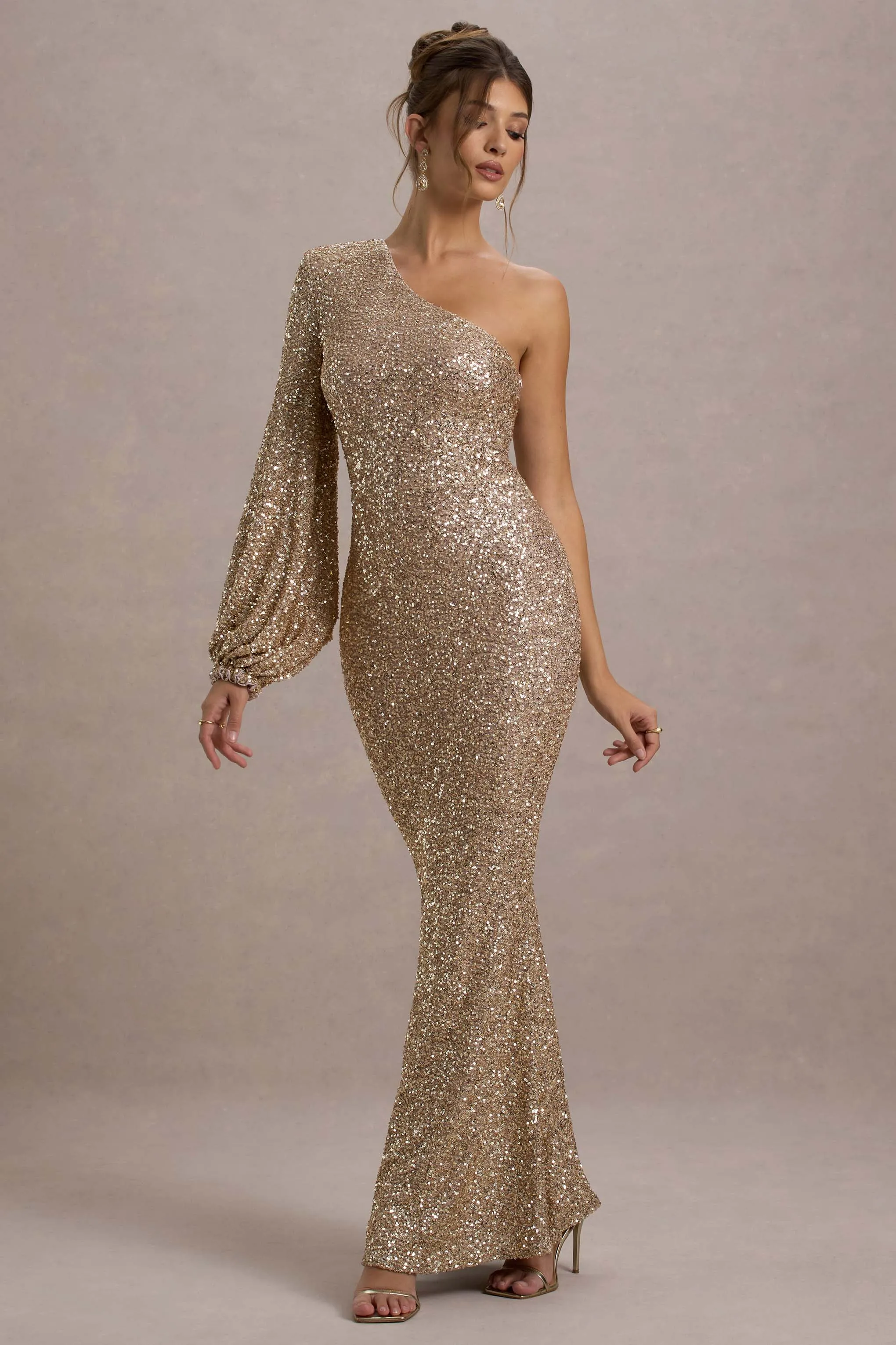 Aven | Gold Sequin Asymmetric Puff-Sleeve Maxi Dress