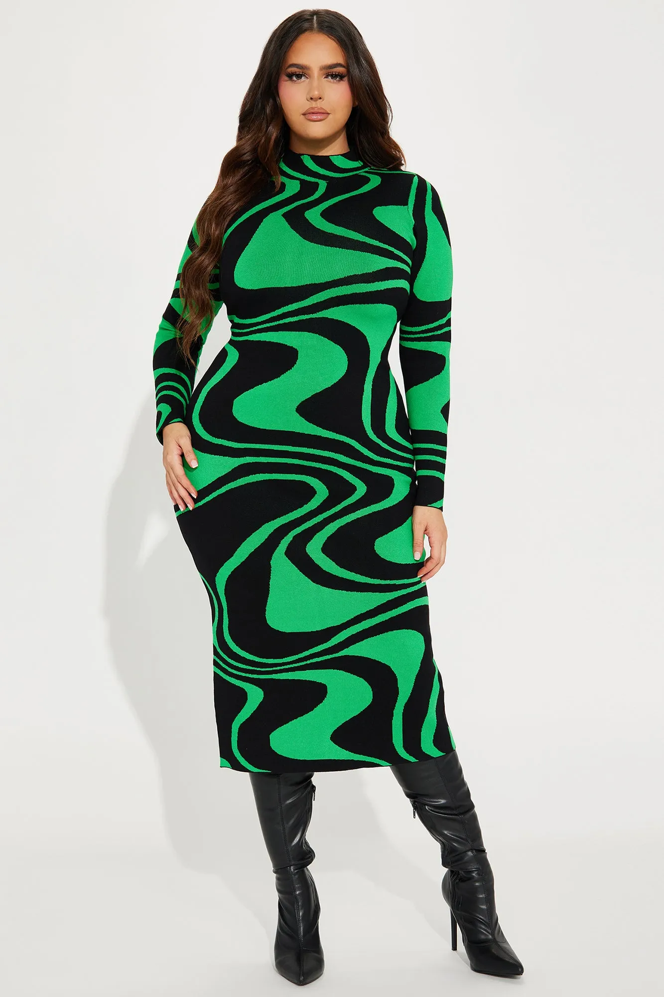 Azaria Sweater Midi Dress - Black/Green