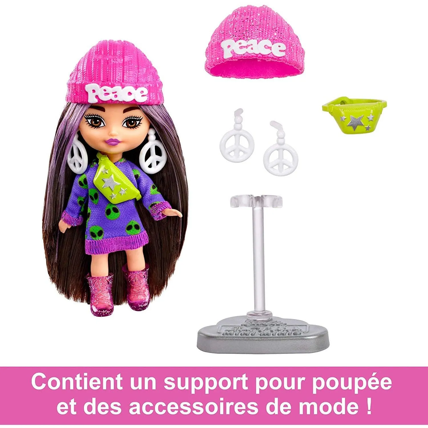 Barbie Extra Mini Minis Brunette Doll With Alien Sweater Dress, Peace Sign-Themed Clothes And Accessories