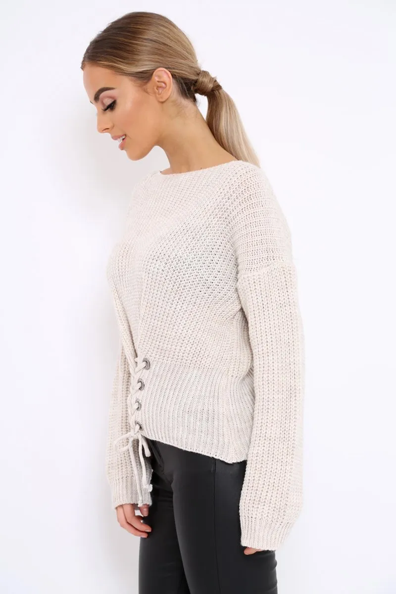 Beige Chunky Knit Corset Waist Knitted Jumper - Mikayla