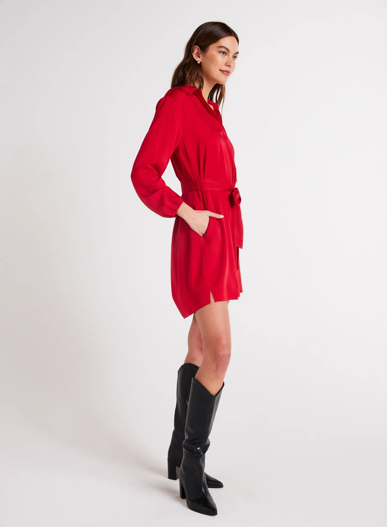 Belted Pullover Shirt Dress - Cherry Red