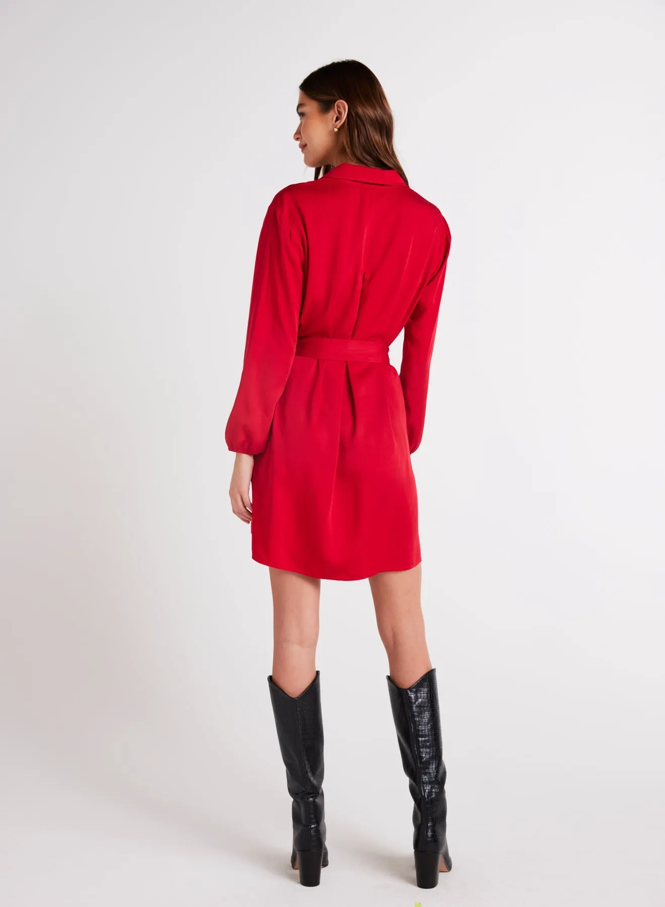 Belted Pullover Shirt Dress - Cherry Red