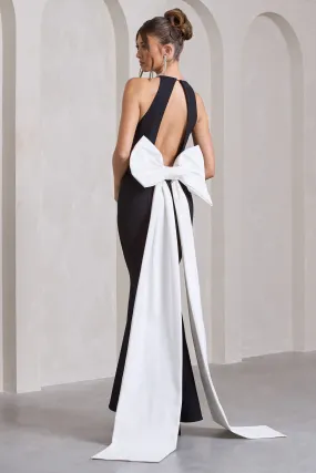 Bestow | Black Open-Back Maxi Dress With Oversized White Bow