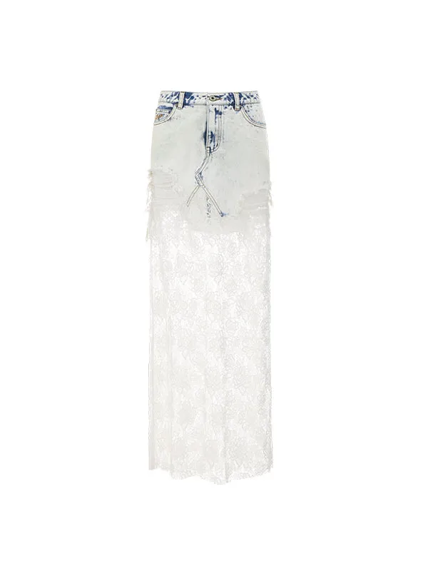 Black & Blue Lace Panel Denim Maxi Skirt