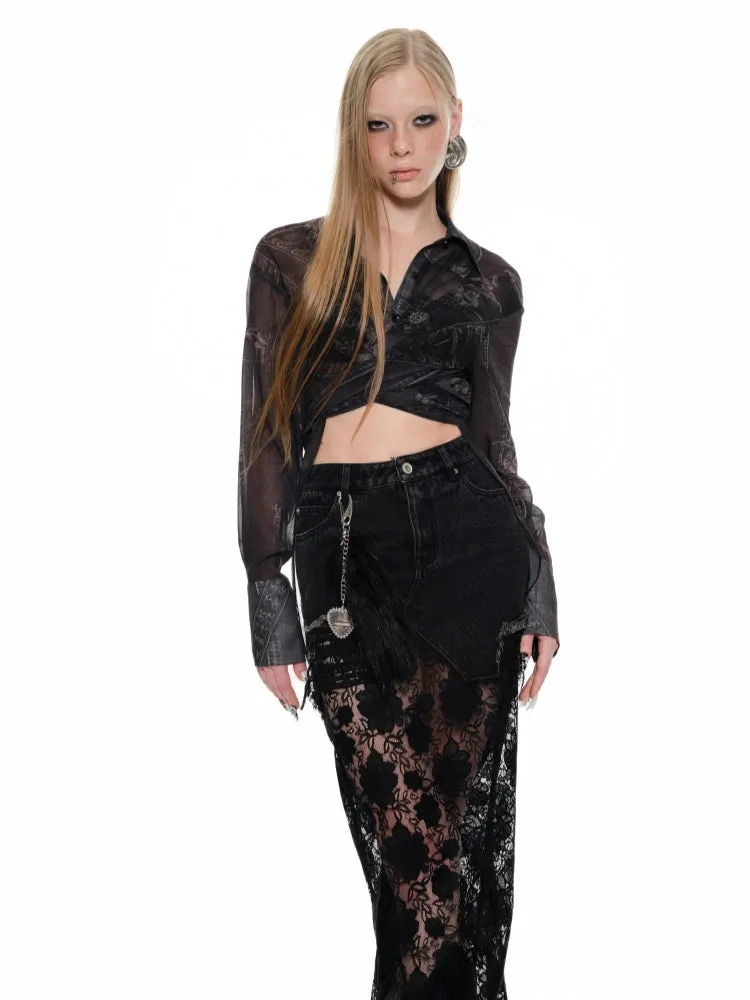 Black & Blue Lace Panel Denim Maxi Skirt