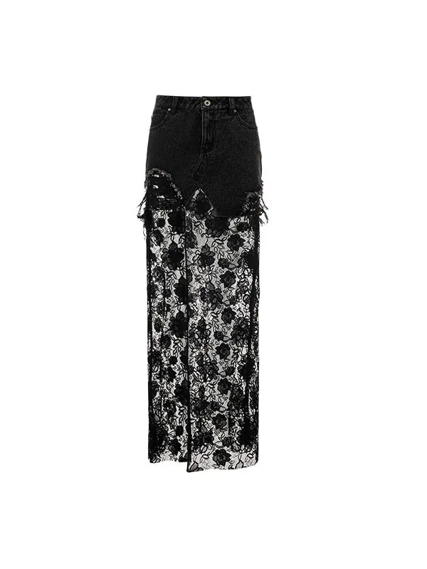 Black & Blue Lace Panel Denim Maxi Skirt