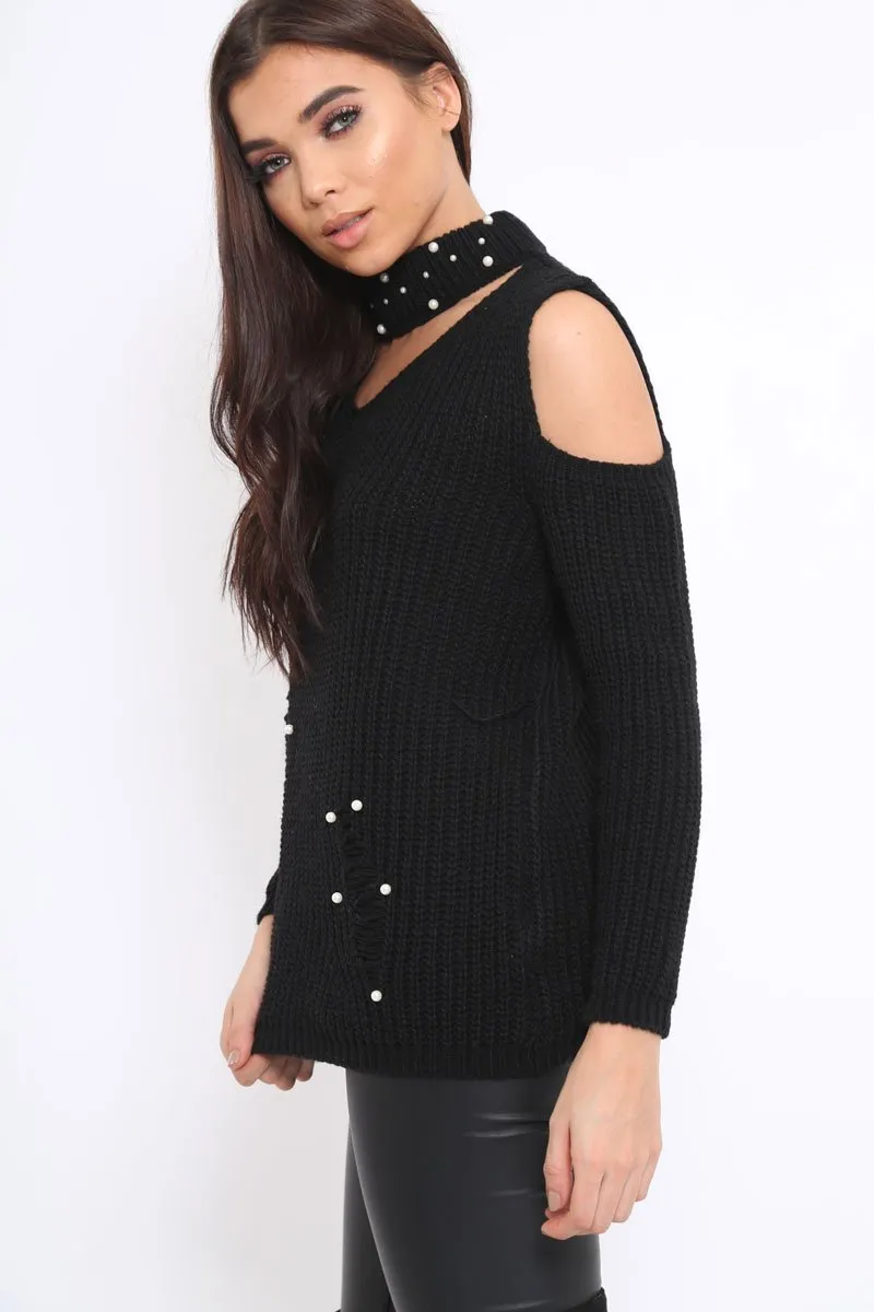 Black Distressed Pearl Chunky Knit Jumper - Narla