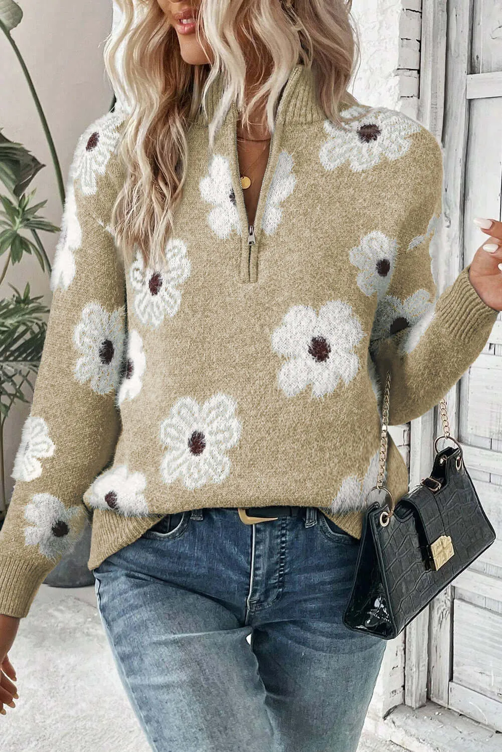 Bloom in Style: Floral Half-Zip Drop Shoulder Sweater