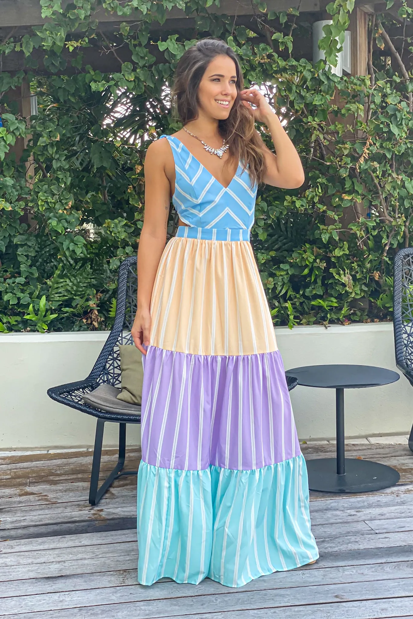 Blue Multi Colored Striped Maxi Dress