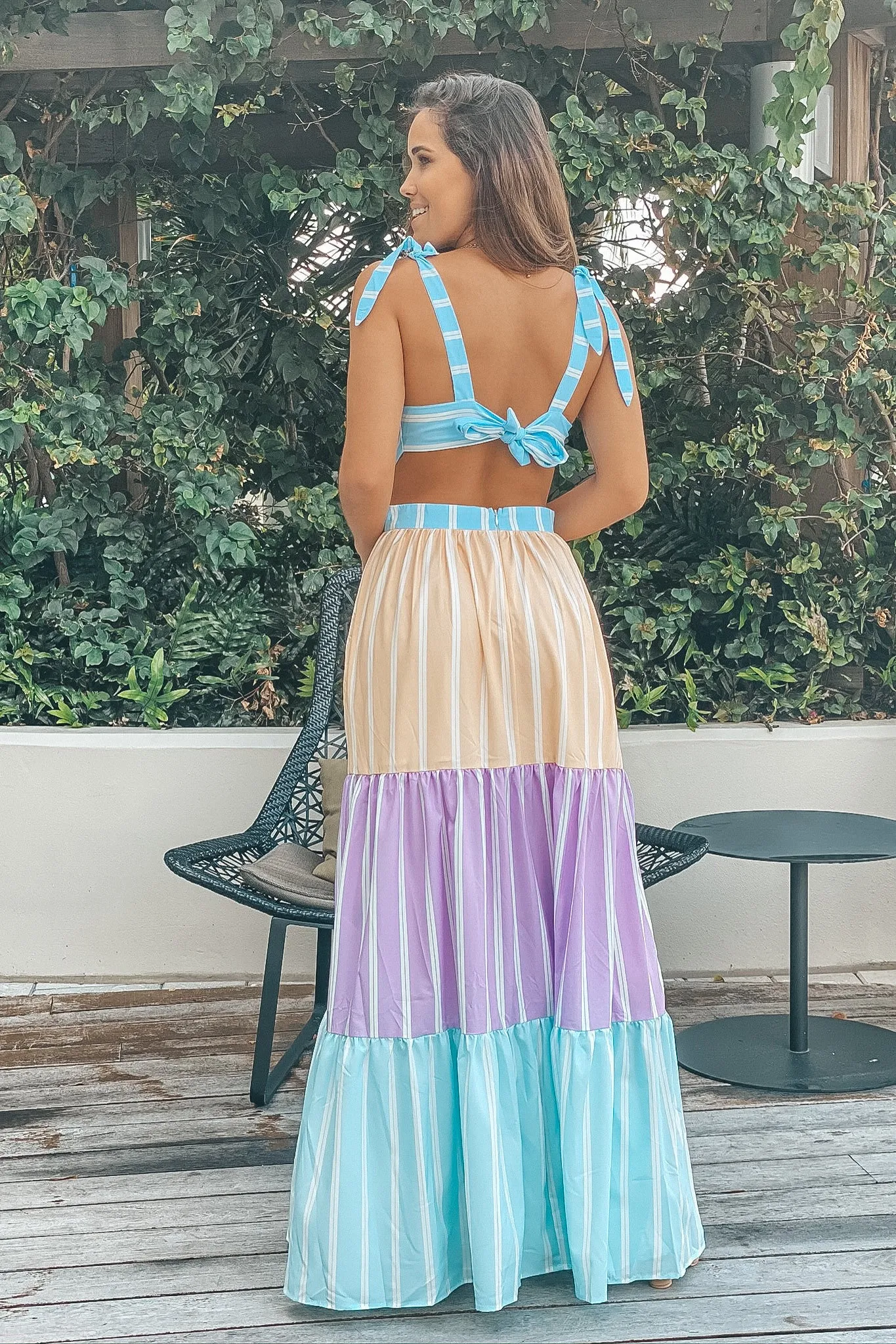 Blue Multi Colored Striped Maxi Dress