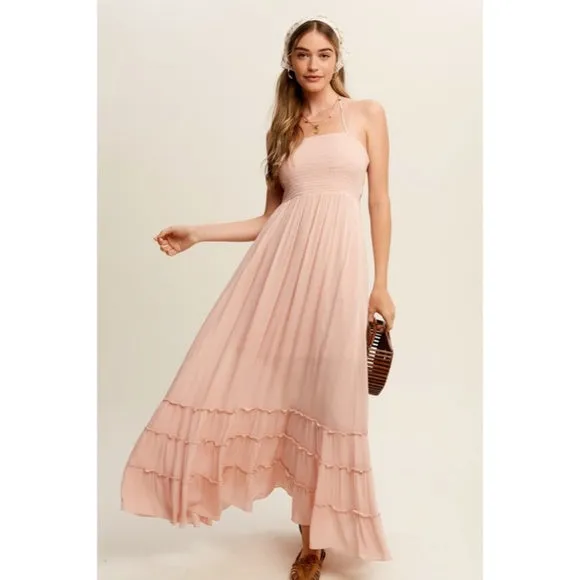 Blush Pink Forever Yours Tiered Woven Bohemian Maxi Summer Dress Women's