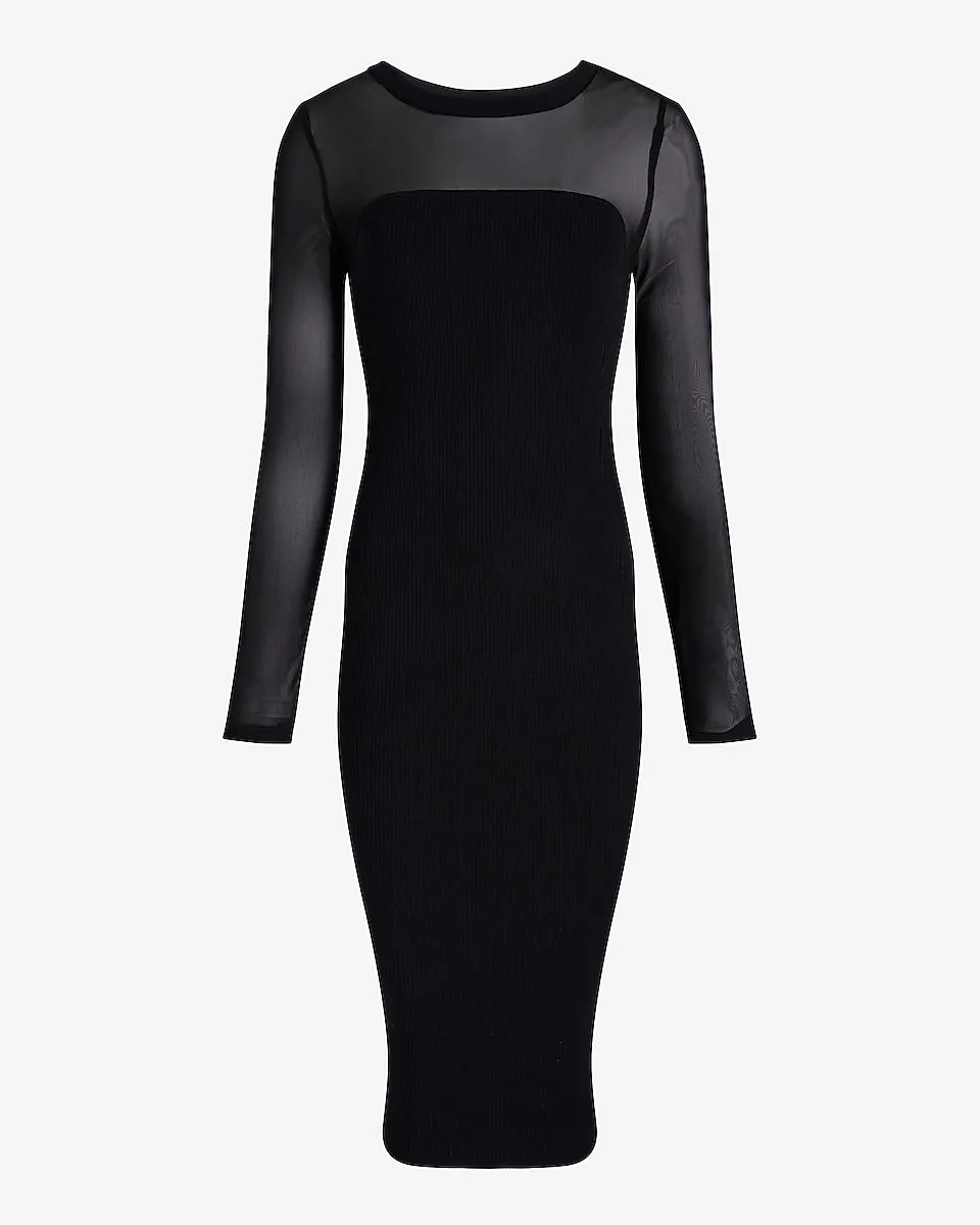 Body Contour Mesh Crew Neck Long Sleeve Midi Sweater Dress in Pitch Black