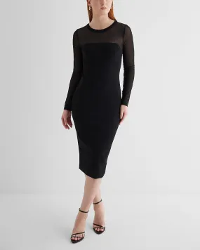 Body Contour Mesh Crew Neck Long Sleeve Midi Sweater Dress in Pitch Black