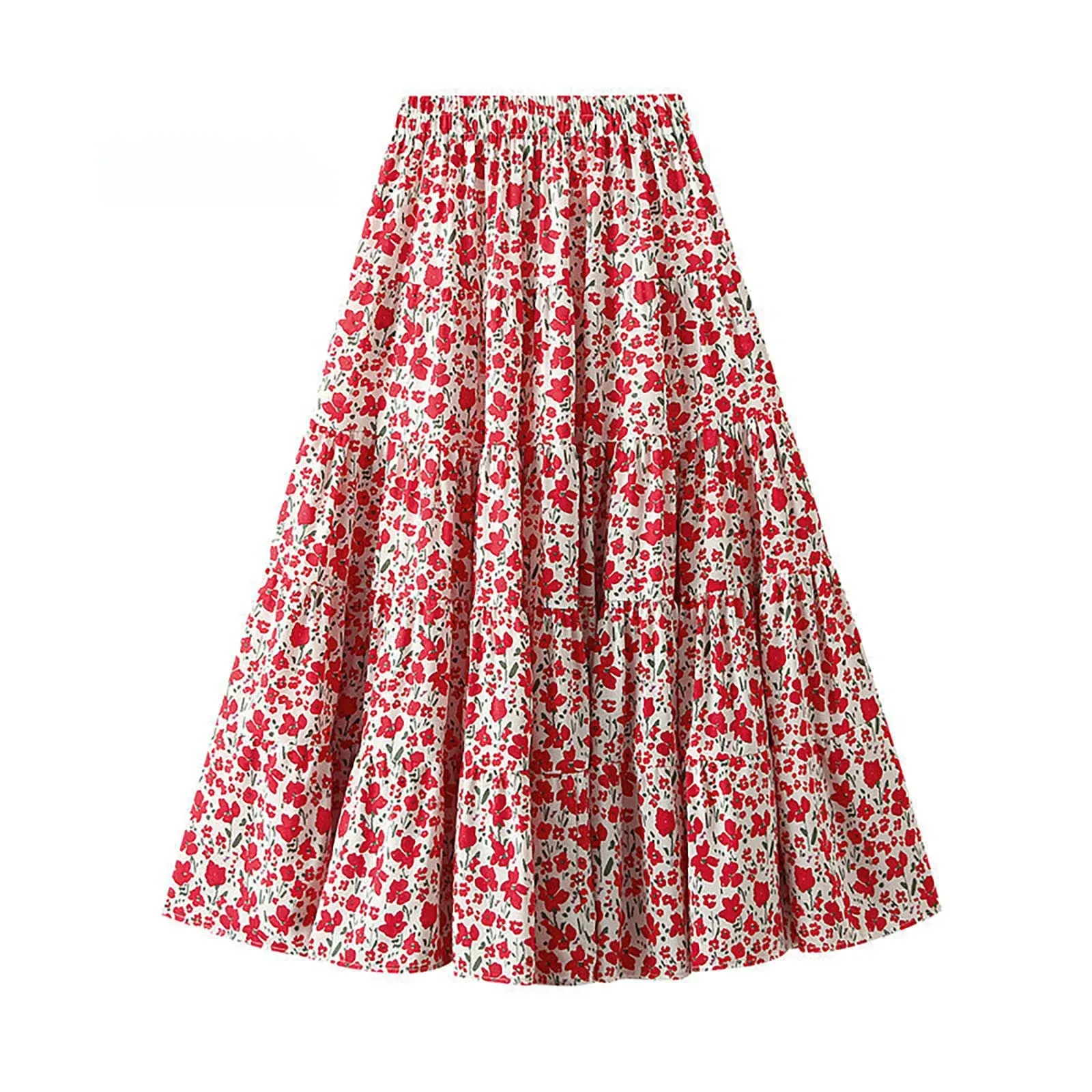 Boho Floral Print Maxi Skirt Vintage Elegant A Line High Waist Ruffles Long Summer Skirt