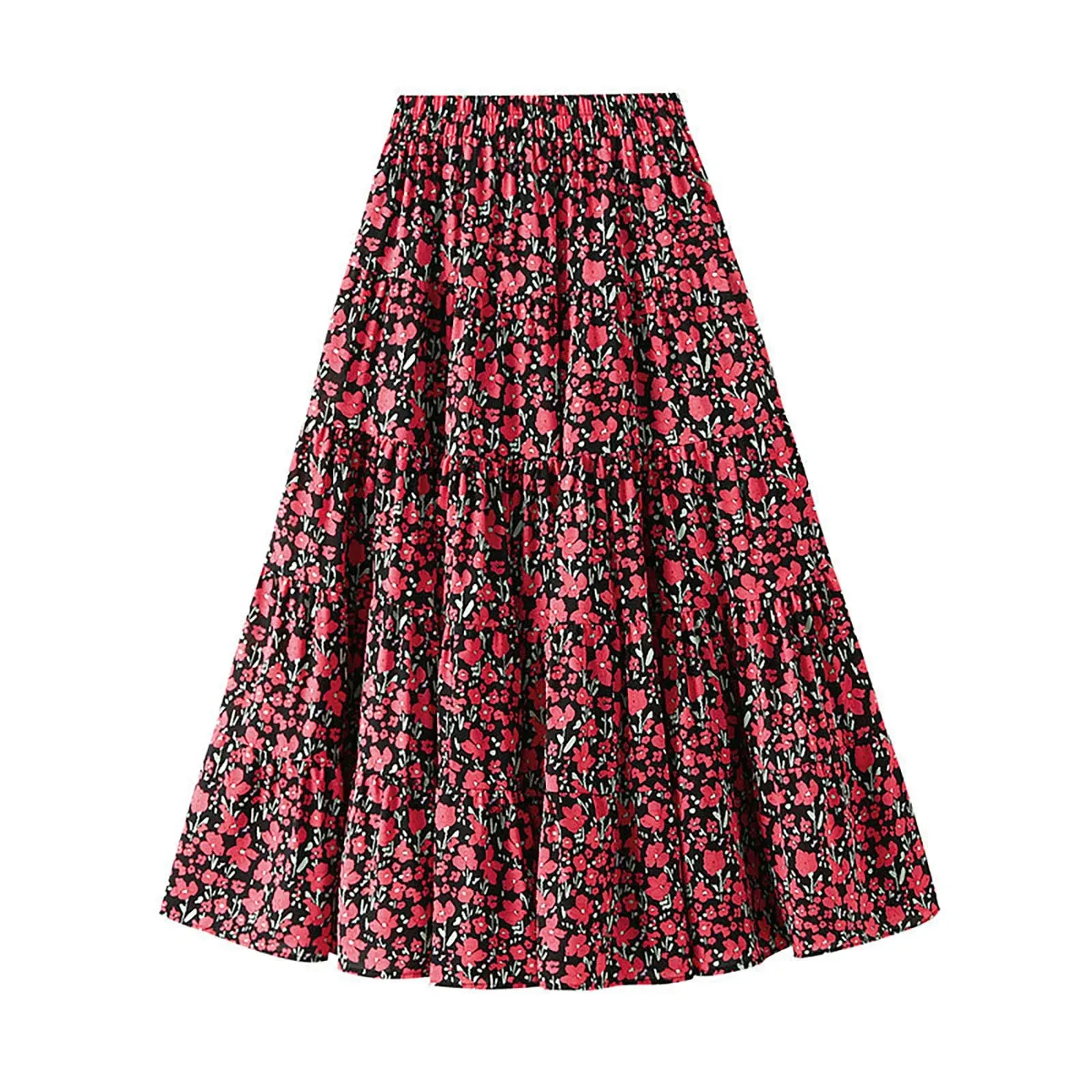 Boho Floral Print Maxi Skirt Vintage Elegant A Line High Waist Ruffles Long Summer Skirt