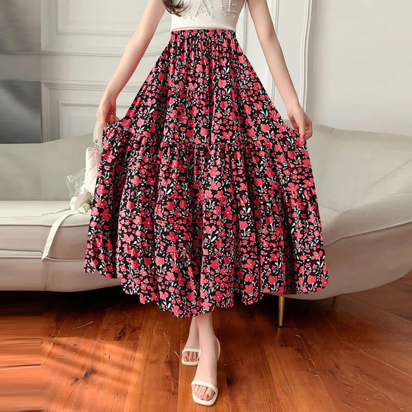 Boho Floral Print Maxi Skirt Vintage Elegant A Line High Waist Ruffles Long Summer Skirt