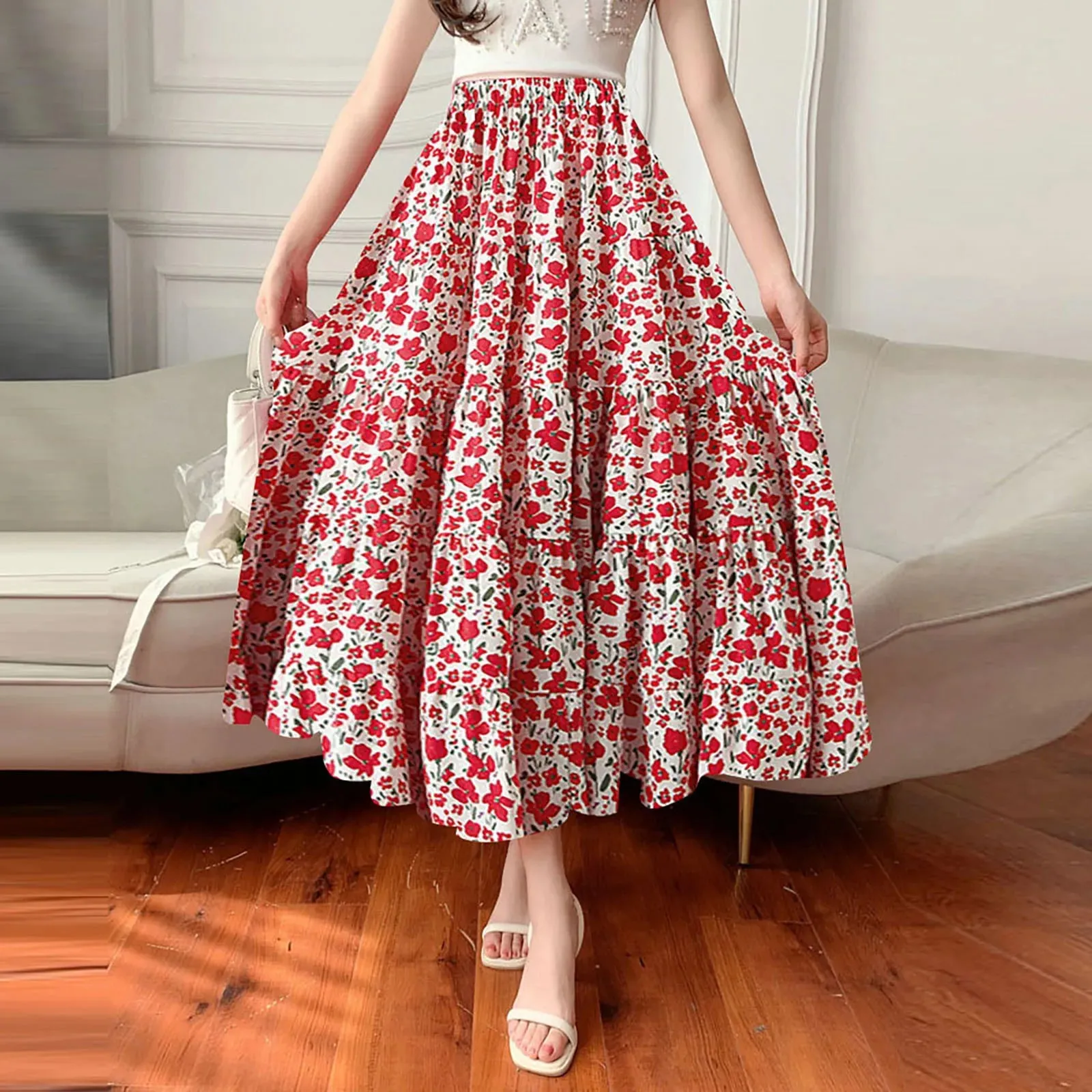 Boho Floral Print Maxi Skirt Vintage Elegant A Line High Waist Ruffles Long Summer Skirt