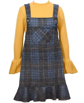 Bonnie Jean Plaid Jacquard Knit Jumper with Flounce and Ribbed Mock Neck Shirt, 2 Piece - Mustard