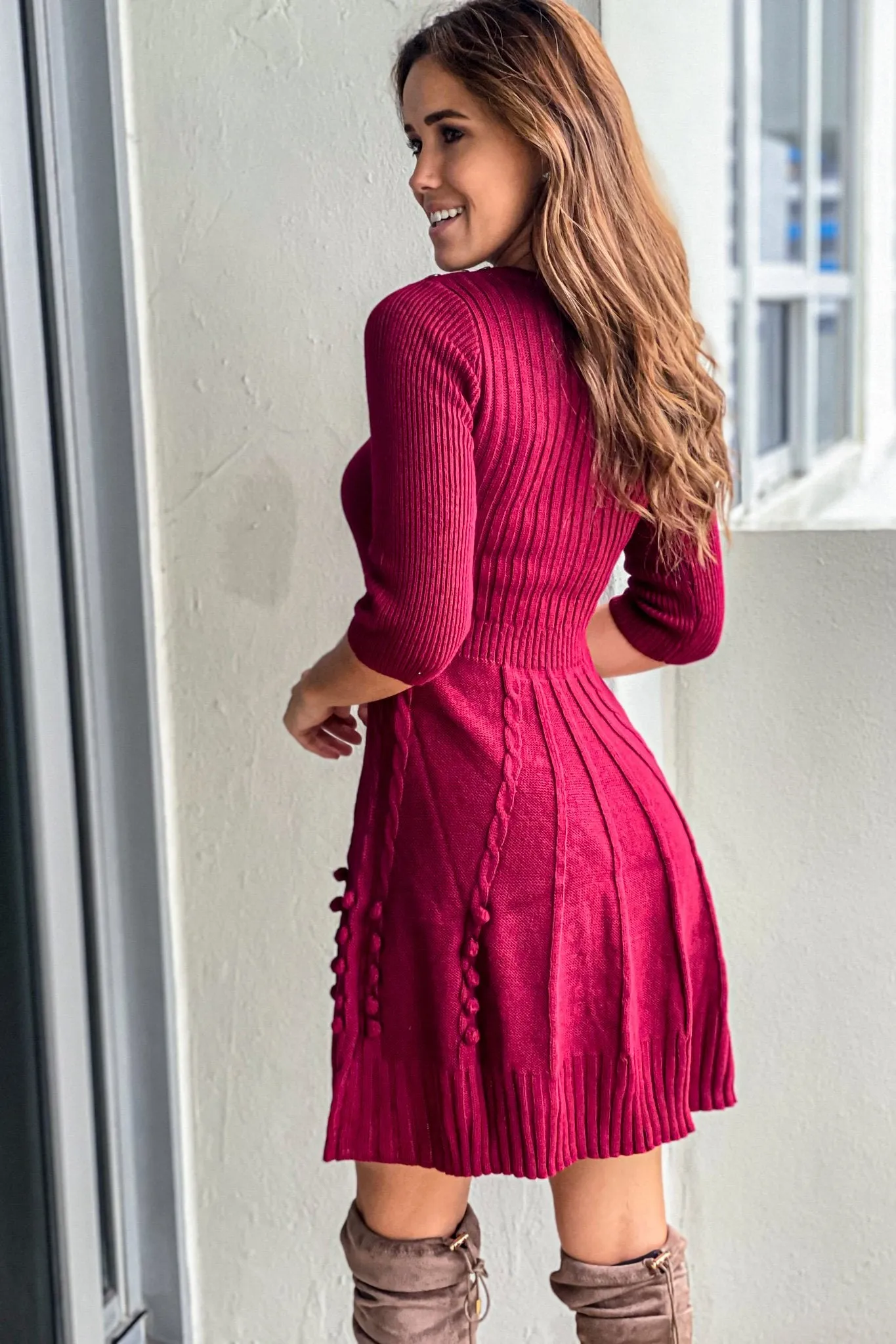 Burgundy Sweater Dress With Button Detail